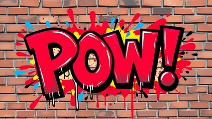 Vibrant Red "POW!" Graffiti Art on a Brick Wall, Featuring Splatter Effects - A Bold Comic Book Style Expression
