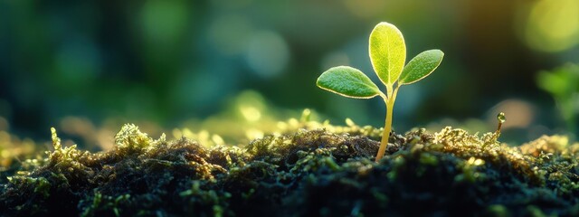 Small green plant sprouting out of moss