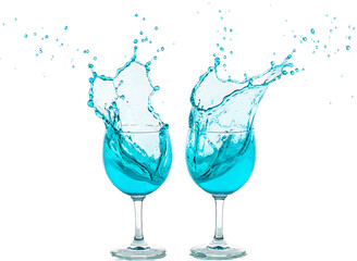 Two blue martini cocktails splashing isolated on transparent background