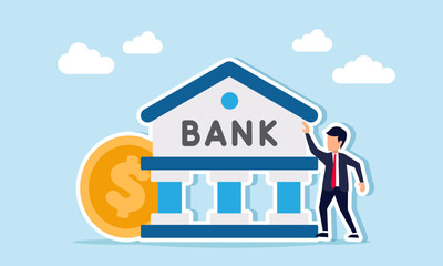 Businessman near dollar coins and bank building illustration of the importance of saving and investment