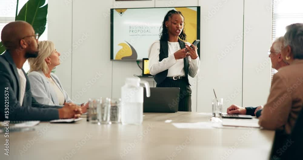 Poster business woman, presentation and meeting with phone for proposal, design or app demonstration. femal