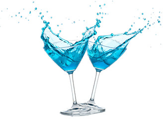 Two blue martini cocktails splashing isolated on transparent background