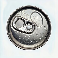 Close-up view of a metallic can top glistening with water droplets.