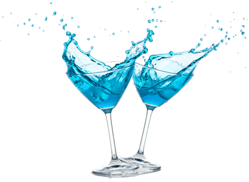 Two blue martini cocktails splashing isolated on transparent background - Powered by Adobe