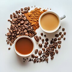 Naklejka premium A rich coffee arrangement featuring dark coffee beans and two cups of brewed coffee.