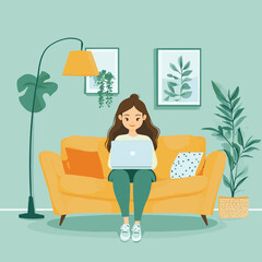 Home office concept. Vector flat illustration of young cartoon woman sitting with a laptop on a sofa in her living room. Isolated on background, vector style simple color
