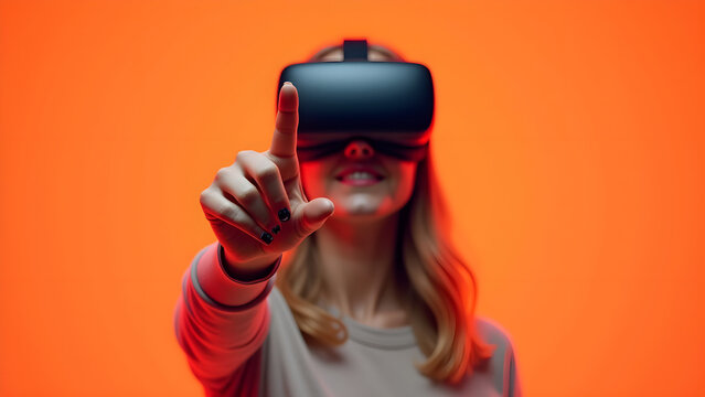 Front view of a woman immersed in VR world, Reaching forward with one hand, Interacting with Virtual Space, Virtual Space in a Sleek, Orange background