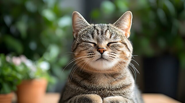 Senior Cat Posing Beside Plant on Table