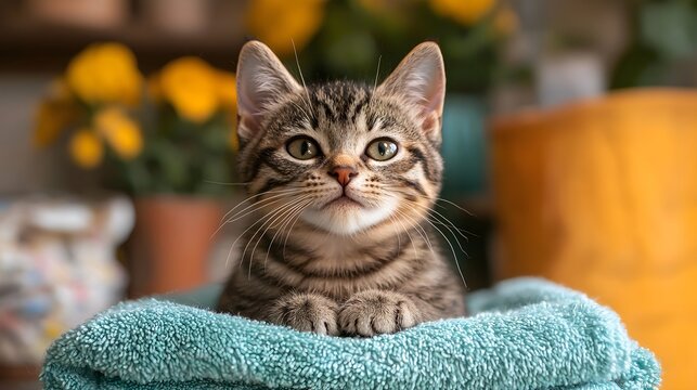 Cute Kitten Resting on Blue Towel