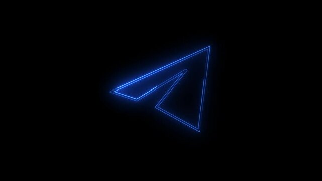 Paper Plane glowing neon sign appear in center and disappear after some time. Animated blue neon icon on black background. 4k video animation .