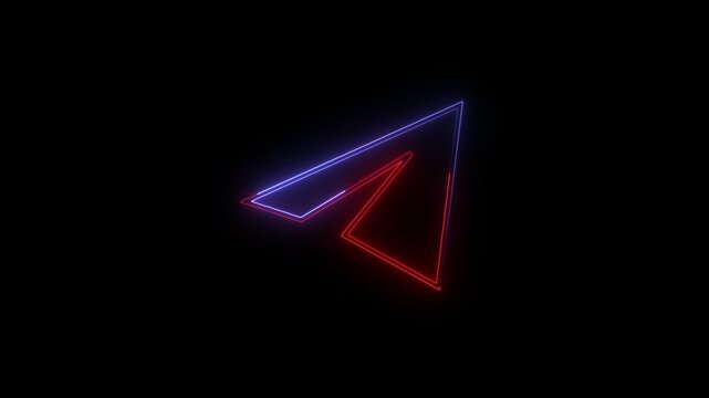 Paper Plane glowing neon sign appear in center and disappear after some time. Animated blue neon icon on black background. 4k video animation .