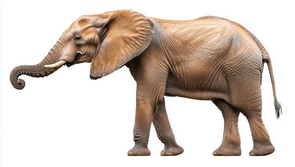 Obraz premium Photo of an African elephant standing and lifting its trunk, against a white background. African elephant with raised trunk and tusks isolated on white