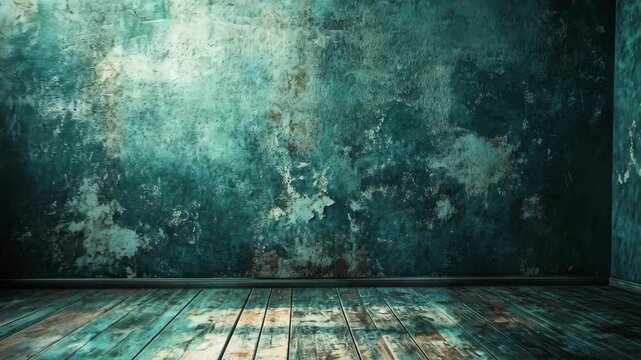 Weathered teal wall and floor meeting in the corner of a room. Aged look