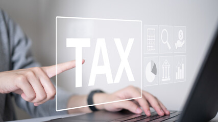 Businessman tax calculation accounting financial payment economy planning money income business concept digital government investment online analysis law return deduction revenue refund service