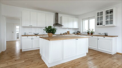 A modern, bright white kitchen with a wooden island.