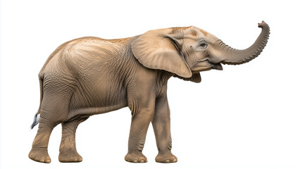 Obraz premium Photo of an African elephant standing and lifting its trunk, against a white background. African elephant with raised trunk and tusks isolated on white