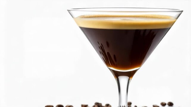 Elegant espresso martini in a glass with coffee beans against a bright white background representing a coffee cocktail