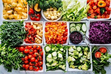 Colorful assortment of fresh vegetables and fruits arranged on a marble countertop.
