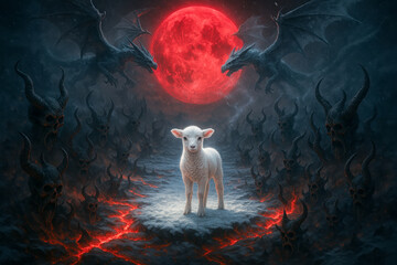 Lamb of God Before Blood Moon Surrounded by Demons and Dragons – Biblical Revelation Symbol of Innocence, Judgment, and End Times Prophecy