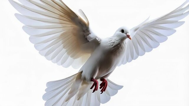 White dove in mid-flight against a clean white background, showcasing its wingspan and feathers