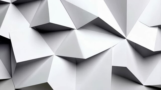Angular white geometric pattern of folded shapes with sharp edges and shadows creating modern abstract wall