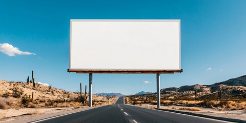 horizontal billboard mockup on straight desert highway, surrounded by sand, cacti and dry hills, overexposed sunlight adds vintage realism, blank area centered crisply