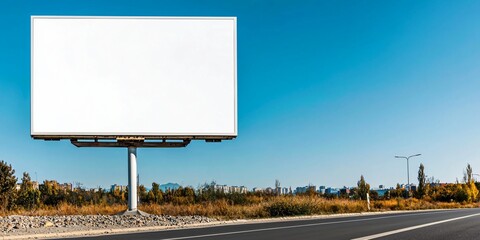 realistic billboard mockup standing beside long straight road through open farmland, clear blue sky, crisp white space for clean presentation, small details on gravel and roadside debris