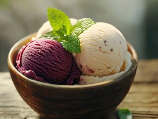Close-up of ice cream scoops in bowl on wooden table