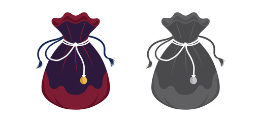 Two cartoonish drawstring sacks in different colors with white string and simple embellishments on a white background