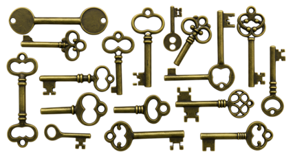 Antique skeleton keys collection isolated on transparent background