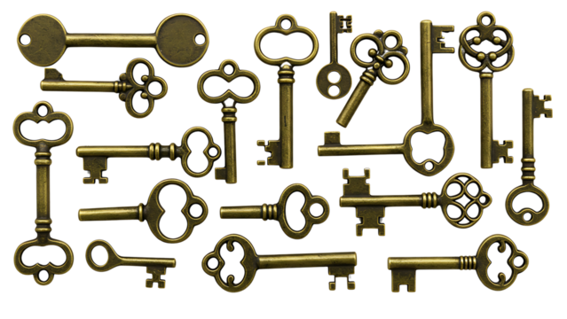 Antique skeleton keys collection isolated on transparent background