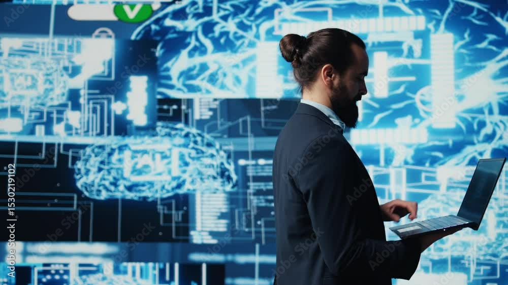 Poster young entrepreneur reviewing predictive analytics and machine learning algorithms. the digital inter