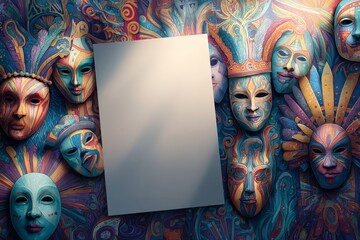 Creative patterns, dramatic masks, and vibrant stage lighting with a vacant writing area for event details in the upper right corner. Generative Ai