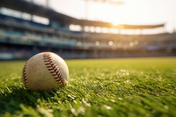 Close-up of a baseball on green grass in a sunny stadium, foreground sharp with ball in focus, blurred stadium background