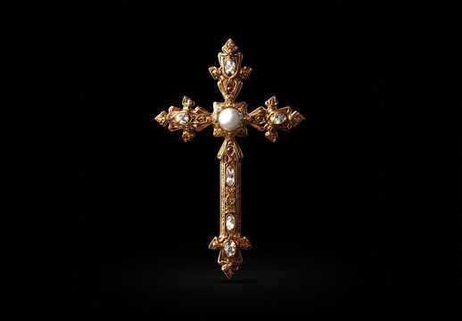Ornate gold cross pendant with pearl and gemstones.