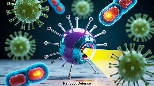 A digital illustration showing a futuristic nanobot emitting a glowing beam amid virus particles and bacteria in a dark environment with sharp details and scientific clarity - Powered by Adobe