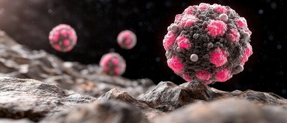 Detailed render of virus cell on a rough surface.