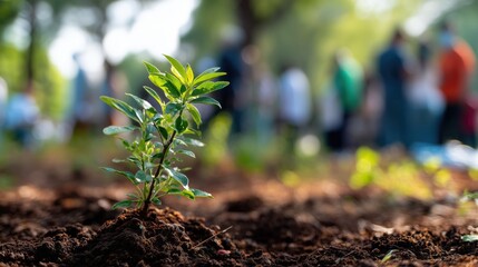 Close-up of a small green sapling freshly planted in fertile soil, soft sunlight illuminating young leaves, blurred background of people participating