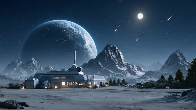 A lunar outpost under a dark sky as glowing meteors streak across the starscape above, soft shadows on the moon&rsquo;s surface, camera panning slowly across the quiet base, distant Earth in background