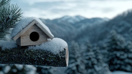 Fototapeta premium Snowy birdhouse on a branch in a winter landscape.