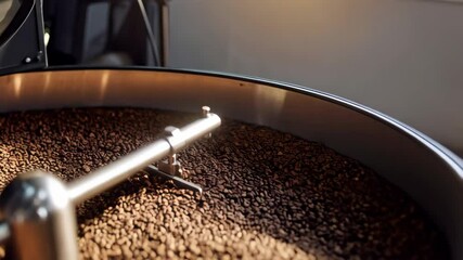 Roasted coffee beans being agitated in a rotating industrial roaster machine, uniform toasting with warm light and rich brown texture, perfect for brewing.