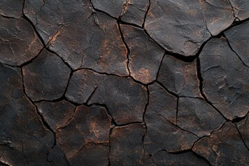 Fototapeta premium Cracked dark rock surface with intricate fracture patterns.