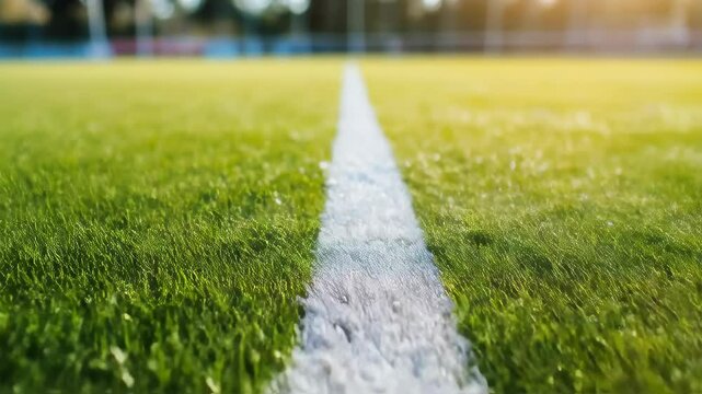 Dynamic focus shift along white line on sunlit sports field with blurred background