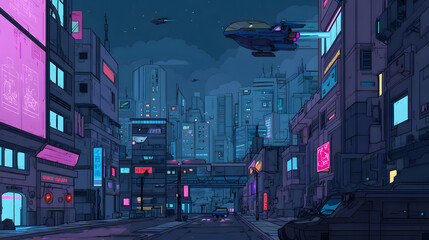 flat illustration of a cyberpunk city at night