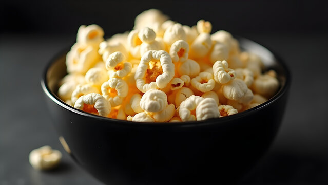 Delicious popcorn in a black bowl perfect for movie nights at home or parties with friends and family