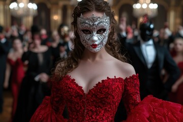 Elegant woman in masquerade mask at grand ball.