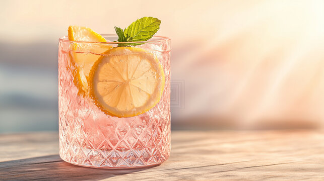 Sparkling pink lemonade garnished with lemon slices and mint leaves in sunlight near the shore