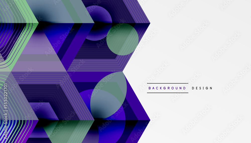 Poster Abstract geometric design features layered hexagons, circles. Gradient colors create modern visual effect. Minimalist style.