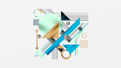 Abstract geometric composition. Shapes overlap, creating dynamic visual interest. Light colors dominate design.