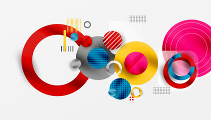 Abstract geometric shapes overlap. Vibrant colors create dynamic composition. Circles, lines, dots form modern design.